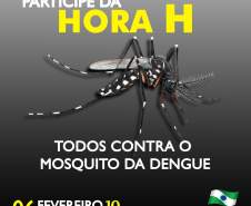 O sábado de Carnaval (6) foi escolhido pelo Governo do Estado para a realização da campanha Hora H – Todos contra o mosquito da Dengue. O objetivo é convocar todos os paranaenses a vistoriar casas e quintais simultaneamente, às 10h da manhã, com o objetivo de eliminar criadouros do mosquito transmissor da dengue, zika e chikungunya.